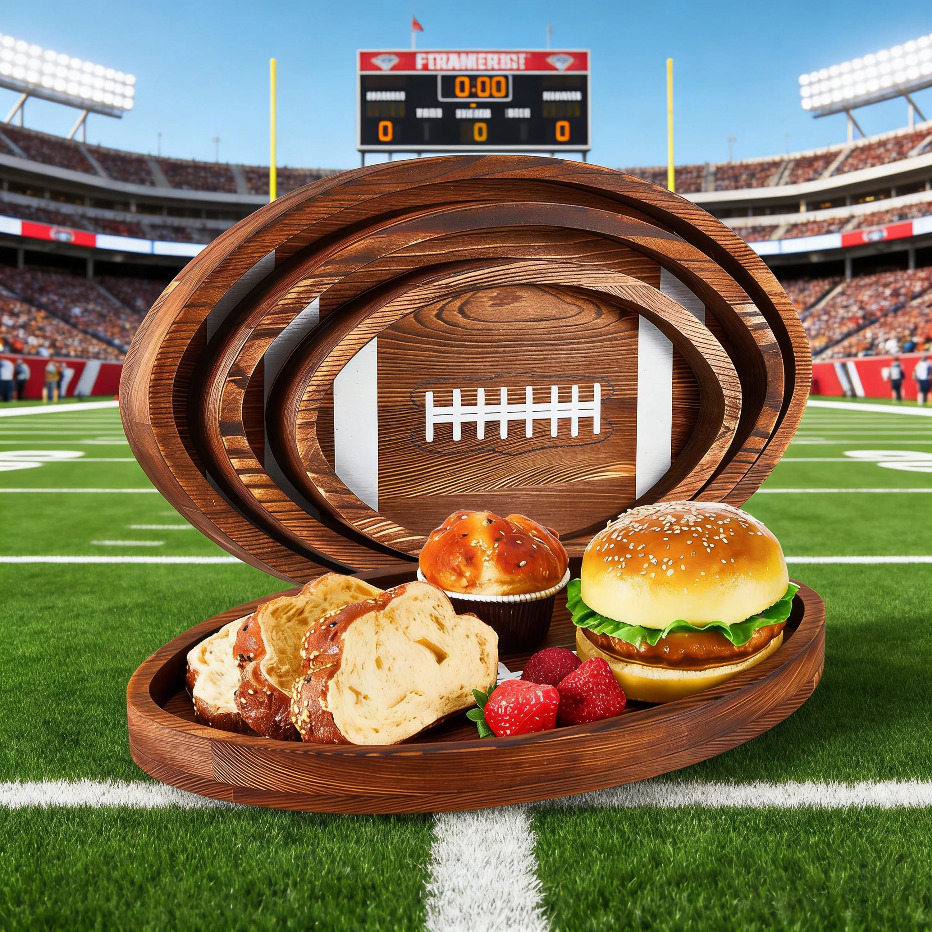 Rustic Wooden Football Serving Tray Set of 3 - Game Day Platter for Party Food, Sports Themed Server for Super Bowl & Tailgate