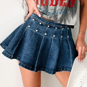 Factory Direct Sales Fashionable and Simplehigh Waist Denim Skirt A-Line Skirt  Denim Pleated Mini Skirt