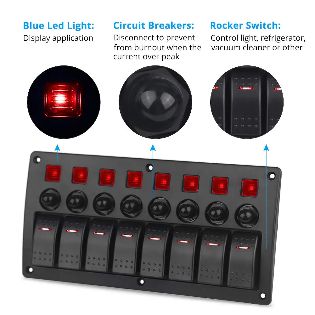 Multifunction 8 Gang 3Pin LED Red Car Truck Rocker Switch Panel Circuit Breakers 