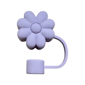Pop Purple Cute Silicone Flowers Straw Toppers Food Grade 10mm 0.4in Reusable Tumbler Party Accessories Tips Cap Straw Cover Cap