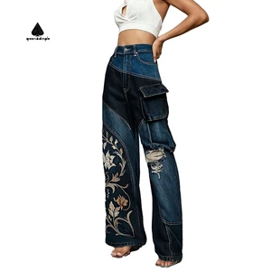 Custom Vintage Pattern 3d Embroidery Y2k Women's Casual Streetwear Denim Jeans Pant High Waist Ladies Loose Fit Jeans Trousers