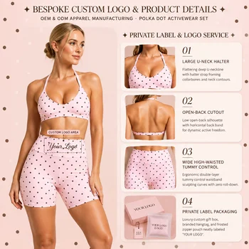 Womens Breathable Polka Dot Yoga Set Halter Sports Bra High Waist Shorts 2 Piece Activewear for Pilates