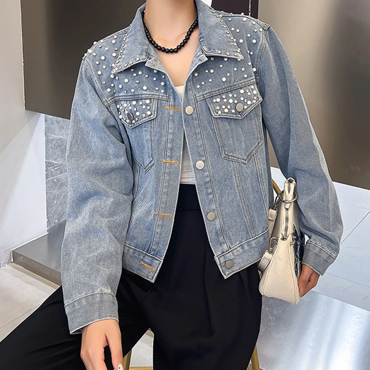 New Beaded Fashion Ladies Short Coat Design Washed Pearl Denim Jacket  Female Custom Women'sPearl Jean Jackets