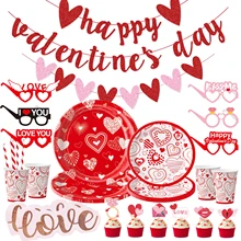 Nicro Original Happy Valentine's Day Party Supplies Disposable Tableware Banner Photo Prop Cake Topper Valentines Decoration Set
