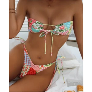 2026 New Sexy Print Front Tie Two Piece Bikini Bandeau Strapless Swimsuit Women Side Tie High Cut Thong Swimwear