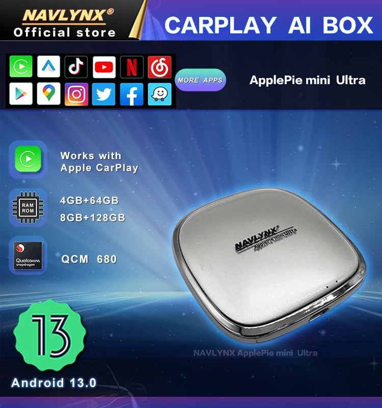 NAVLYNX ApplePie mini Ultra CarPlay AI Box Plug and Play Wireless Android  Auto Multimedia Play Netflix YouTube 4G+64G LTE GPS