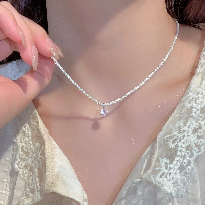 Luxury Silver Necklace with Pink Zircon Starry Sky