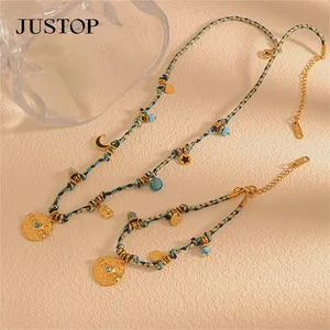 Women's Braided Rope Necklace Bracelet With Multi Pendant for Gift Occasions Dripping Oil Charm Jewelry Set logo Make