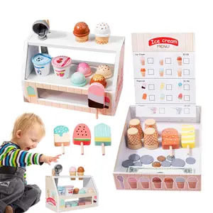 Ice Cream Counter Play Set for Kids Montessori Pretend Play Food Toys Kitchen Wooden Popsicle Set with Scoop &  Cash Ice Cream