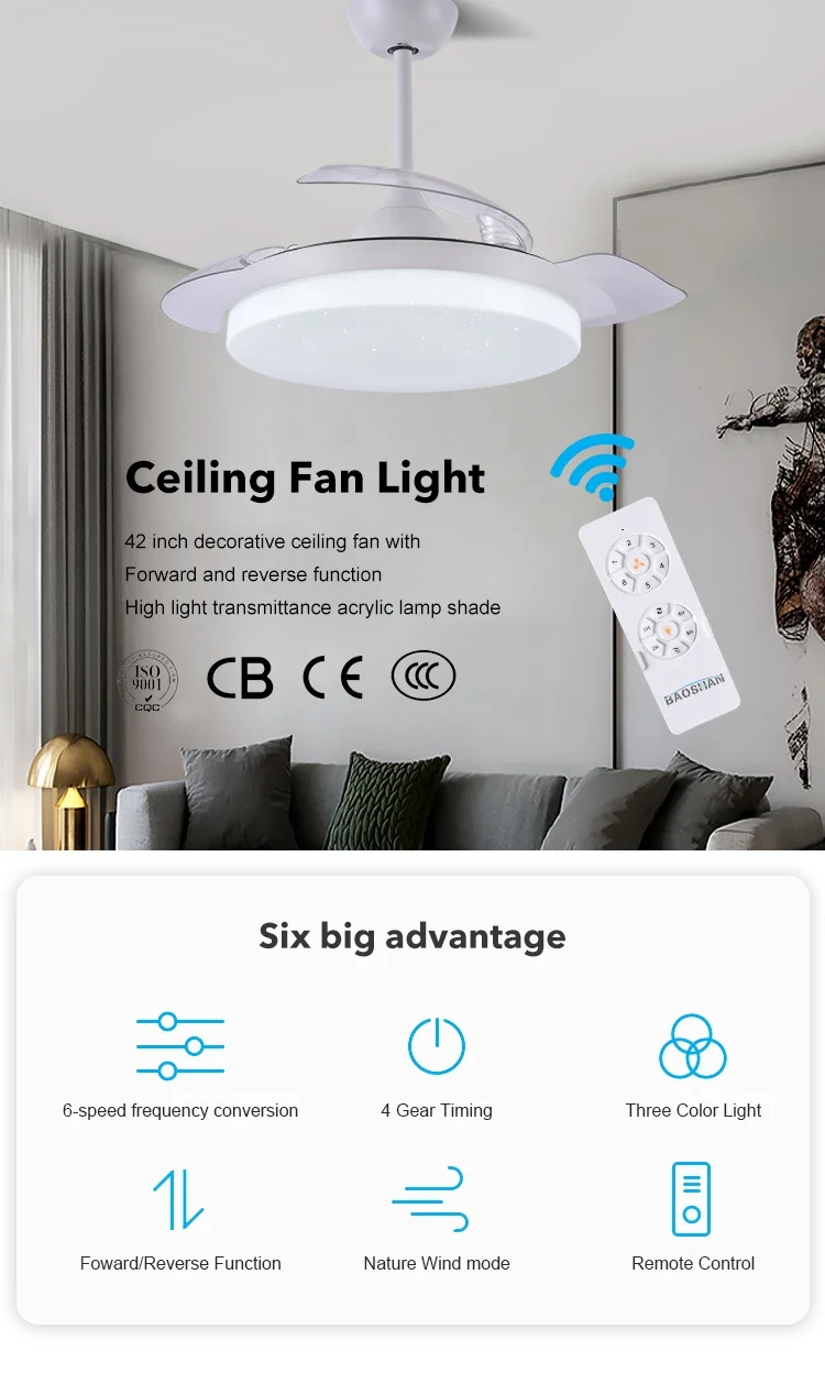 Unique Design 6 Speeds Adjustable Remote Control Retractable Invisible Modern Ceiling Fan