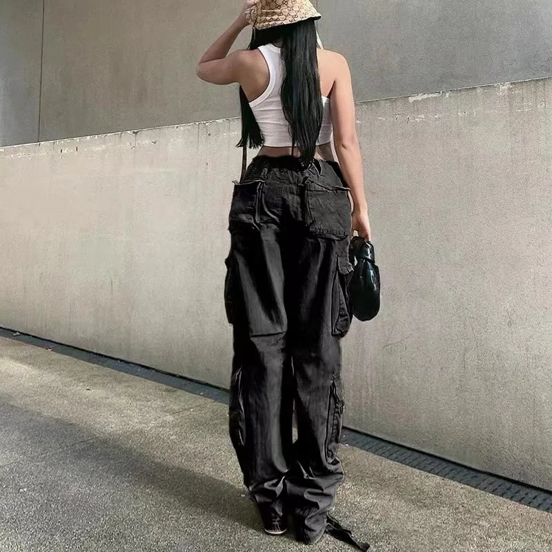 Women's Vintage Cargo Pants 90s Streetwear High Waist Straight Y2K Denim Trousers Light Wash Baggy Jeans Flare Style Loose Fit