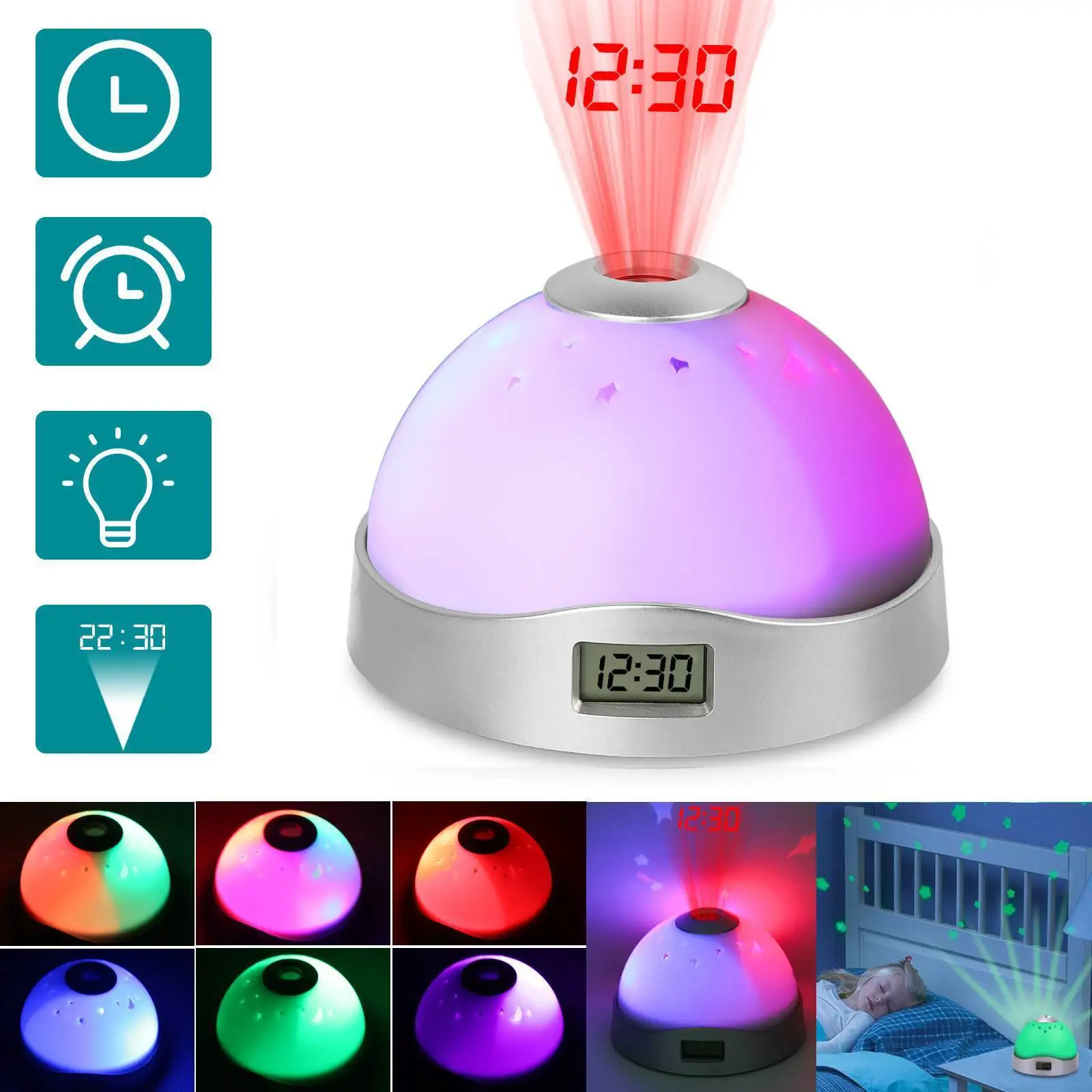 2023 Home Decoration Funny Kids Calendar Month Date Desktop Clock Time Led Display Moon Star Projection Desktop Alarm Clock