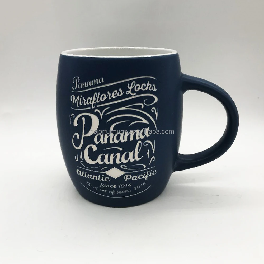 Etched Barrel Shaped Ceramic Mug 14oz,Sandblasted Ceramic Mugs,Inside