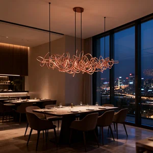 JACKSUN French-style Restaurant Bar Golden Long Lines Pendant Light Large Stainless Steel Chandelier LED 150cm Home Decor Lamp