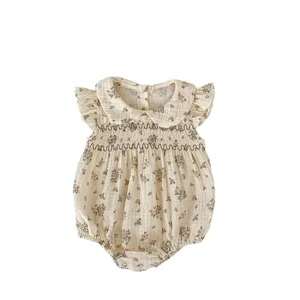 Custom Baby Clothes Shirred Smocked Summer Jumpsuit Casual 100% Cotton Flying Sleeve Baby Rompers