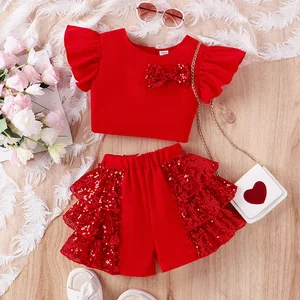 Summer Casual Sleevelesss Bow Single-row Button Top Sequined Shorts Skirt Solid Color 2PCS Set for Girls Kids