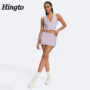 Wholesale Custom Summer Breathable Compression Slim Fitting V Low Neck Top and Low Waist Double Slit Hip-Hugging Mini Skirt Sets