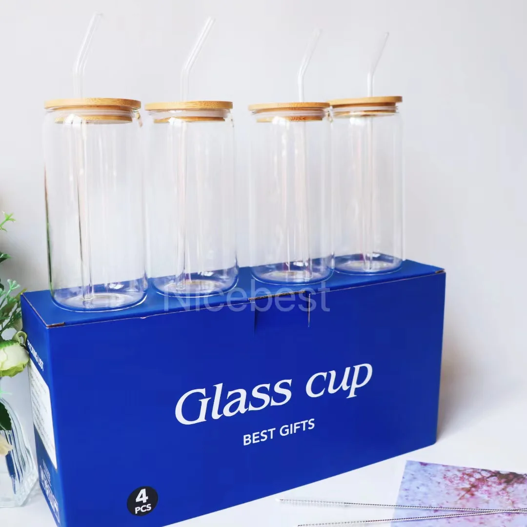Drinking Glasses Cup With Bamboo Lids Glass Straw Cute 16oz Custom Soda