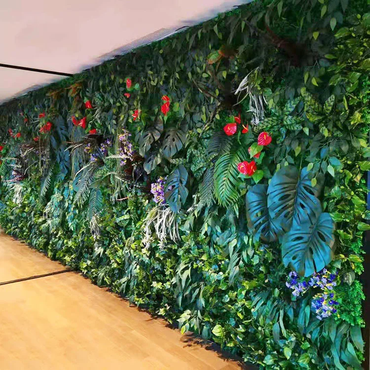 Grne Wand, Grohandel Innenraum-Dekoration Knstliche Gras- und Blattwand  Monstera-Bltter Tropische Knstliche Grne Wand