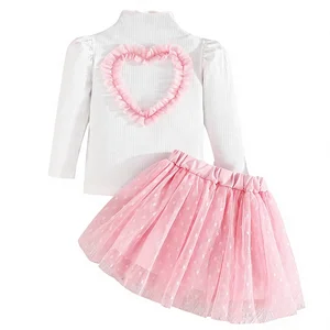 Fnaobai Toddler Baby Girl Skirts Outfit Spring Fall Kids Clothes Love Heart Long Sleeve Ribbed Knit Tops Mesh Tutu Skirt Set