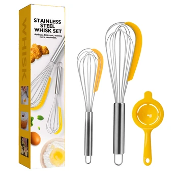 2pcs Whisk Egg Beater Set with Egg Yolk White Separator Stainless Steel Integrated Bowl Scraper Whisk with Silicone Scraper