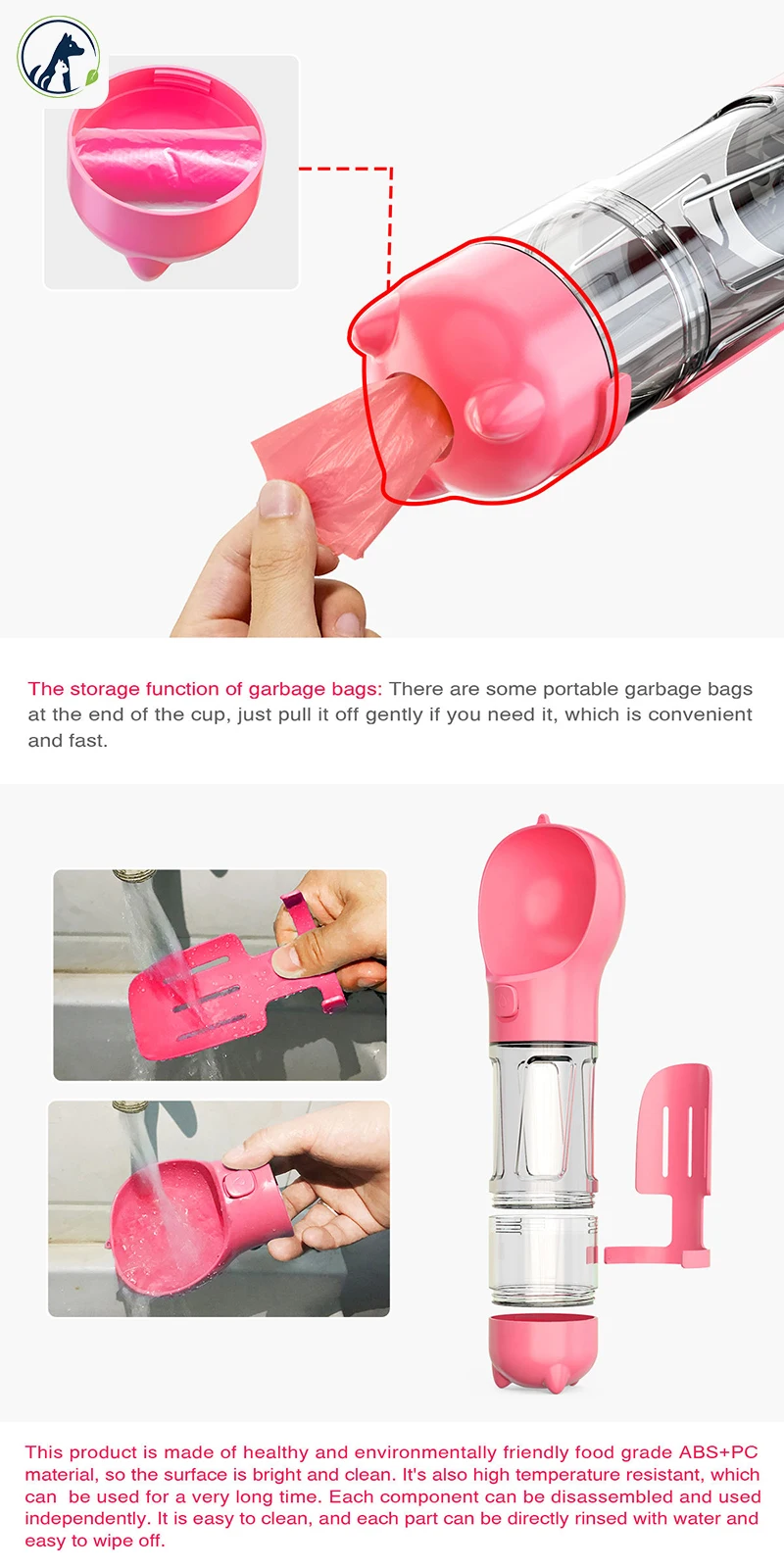 Multifunction 3 in 1 Pet Feeder Portable Dog Water Bottle with Poop Bags for Dog Outdoor Travel
