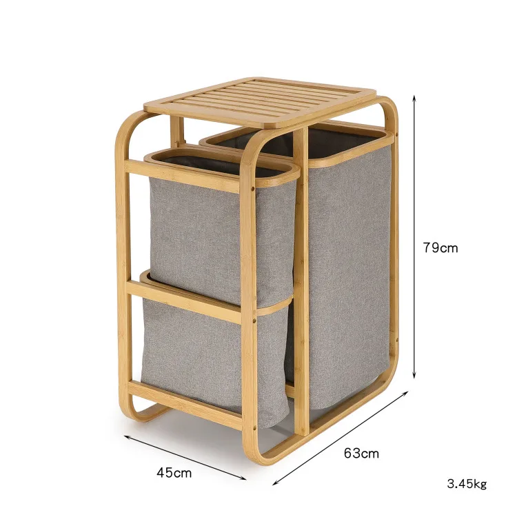 Бамбуковая корзина для белья с 3 тканевыми мешками натуральный серый в ванную комнату хранения одежды Органайзер