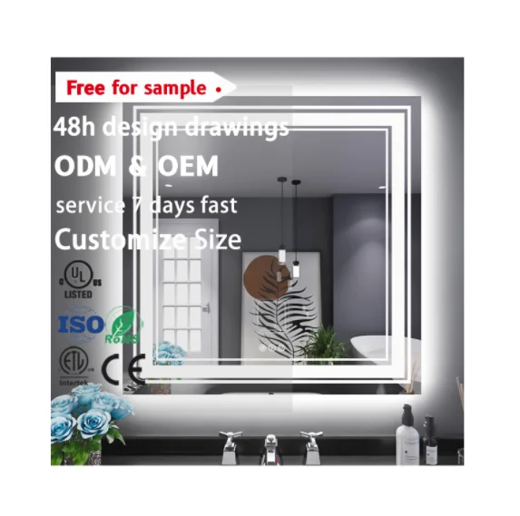 24V CE  Display Dimming 3000k-6000k Led Lighted Vanity Anti Fog Rectangle Touch Smart Mirror
