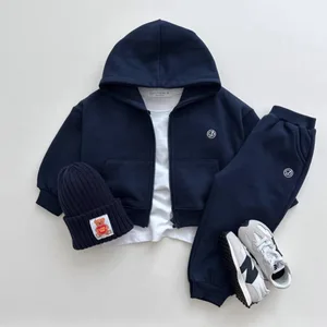 Autumn Children's Two-Piece Suit 100% Cotton Solid Eco-Friendly Preppy Style Treasure Zipper Cardigan Hooded Trousers