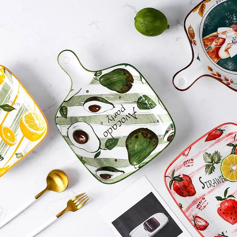 Nordic Style Fruit Pattern Ceramic Tableware Handle Cheese Baked Rice Plate Oven Available Western Food Dish