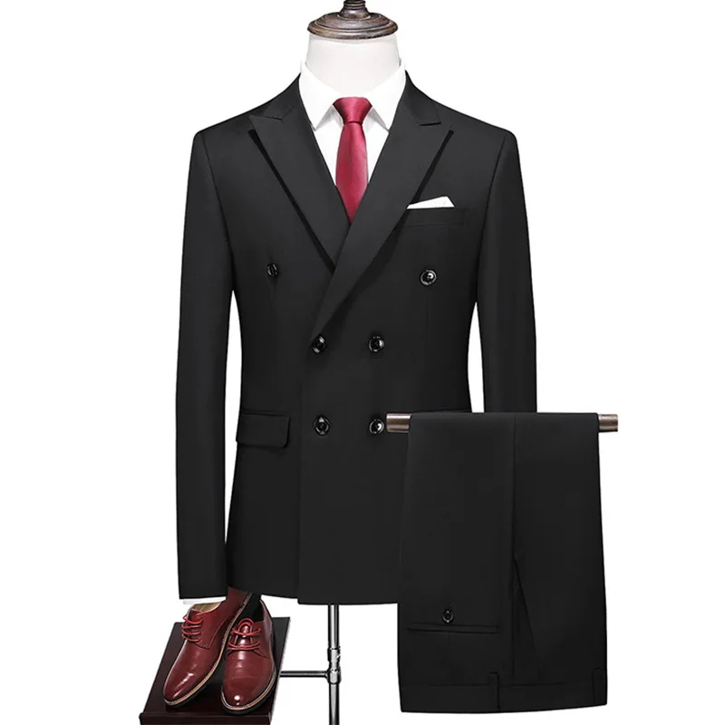 Men's Slim Fit Suit Male Business Casual 2 Piece Trousers Gentlemen Double Breasted Wedd aperçu 4