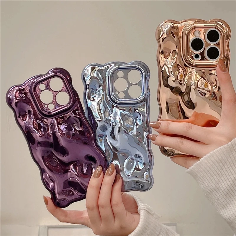 Plating Wrinkle Wavy Curly Edge Phone Case for iPhone 15 11 12 13 14 Pro Max 3D Unevenness Soft Camera Protection Cover