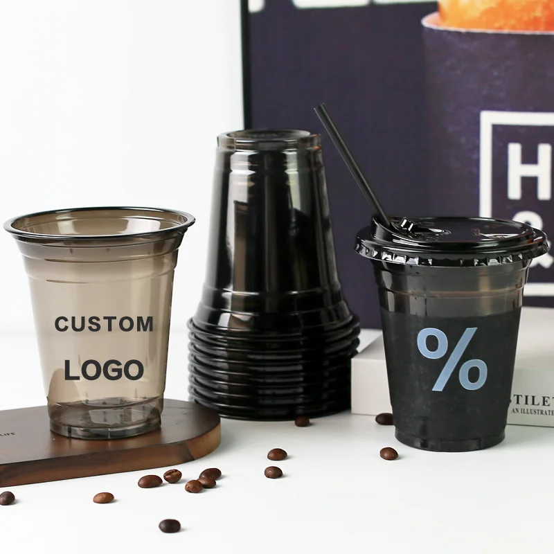 Low MOQ Custom Logo Disposable PET Coffee Cup for Cold Drinks 8/12/16oz Clear Black Cup Fast Customi