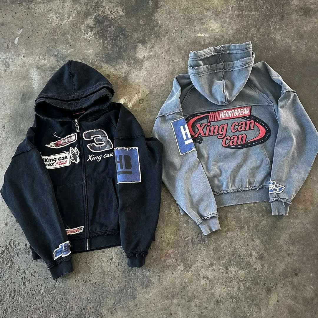 Dongguan-tøj til mænd: Brætteret hoodie med lynlås, broderi, uden snore, syret vask, dobbelt kap, fransk frotté med striber