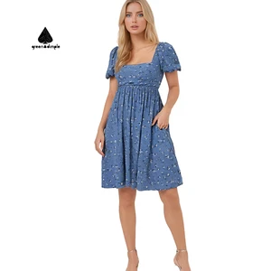 High Quality Custom Print Smocking Waist Natural Short Puff Sleeve Floral Dot Dress Fashion 2025 Women's Loose Short Dresses