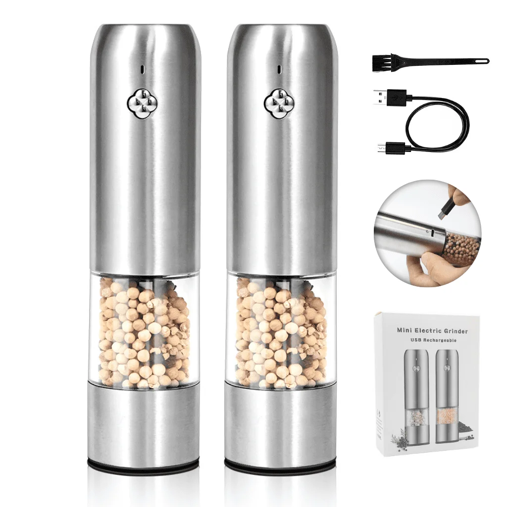 Pulsanti di alta qualità con motivo floreale, macinino elettrico ricaricabile per sale e pepe in acciaio inossidabile per uso alimentare, con regolazione della ceramica