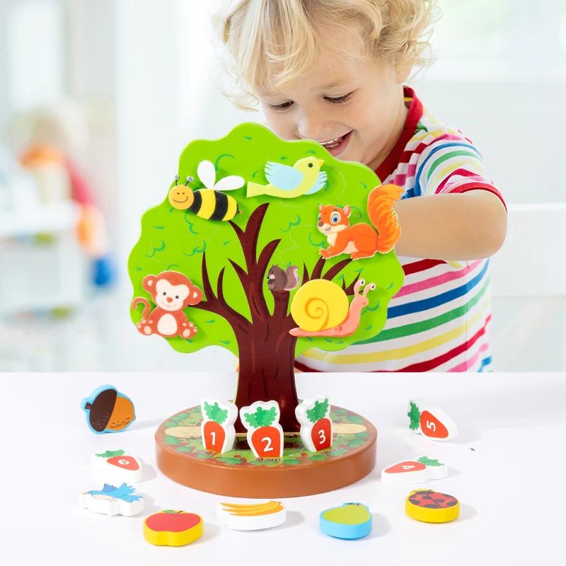 Montessori Early Education Wooden Toys Creative Animal Fruit Felt Sticker Tree Toy for Toddlers Fine Motor Skill Development