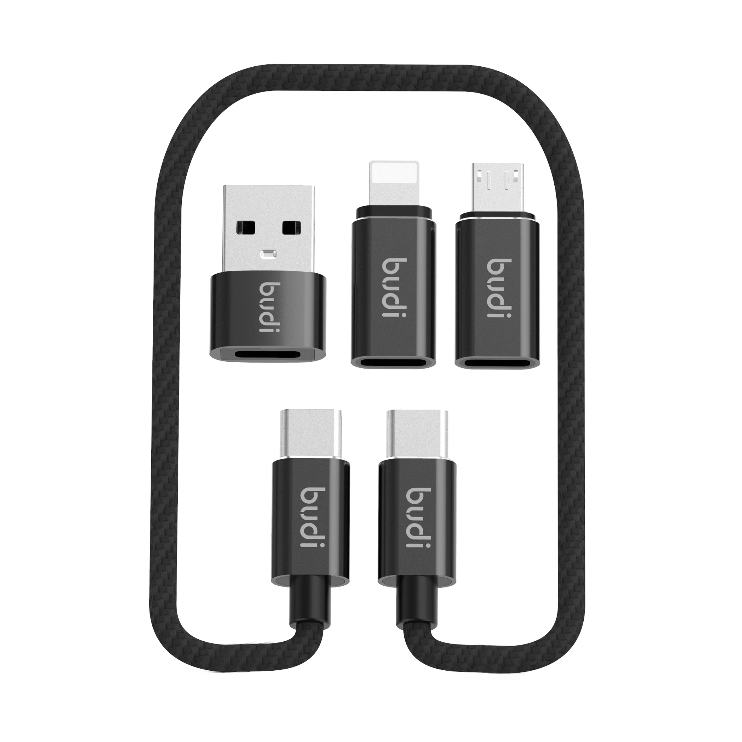 USB Adapter Cable Conversion Storage Box Multi-Type Charging Line Convertor Lightning Type C Micro Data Transfer Tool Contains Sim Card Slot Tray Eject Pin Black Use as Phone Holder 