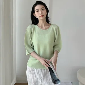 Miyake Pleated 2025 Summer New Women's  Fashion Five-Point Sleeve T-Shirt Jacket Simple Casual Joker Plus Size