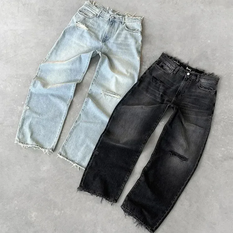 Custom Logo Embroidered  Straight Distressed Jeans Streetwear Ripped Baggy Jeans Y2k Vintage Raw Edge Wide Leg Denim Jeans Men