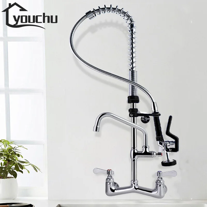 Commercial Kitchen 304 Stainless Steel Pre-Rinse Faucet Taps 2-Hole Industrial Flexible Sprayer Wall Mixer Brass 2-Hole