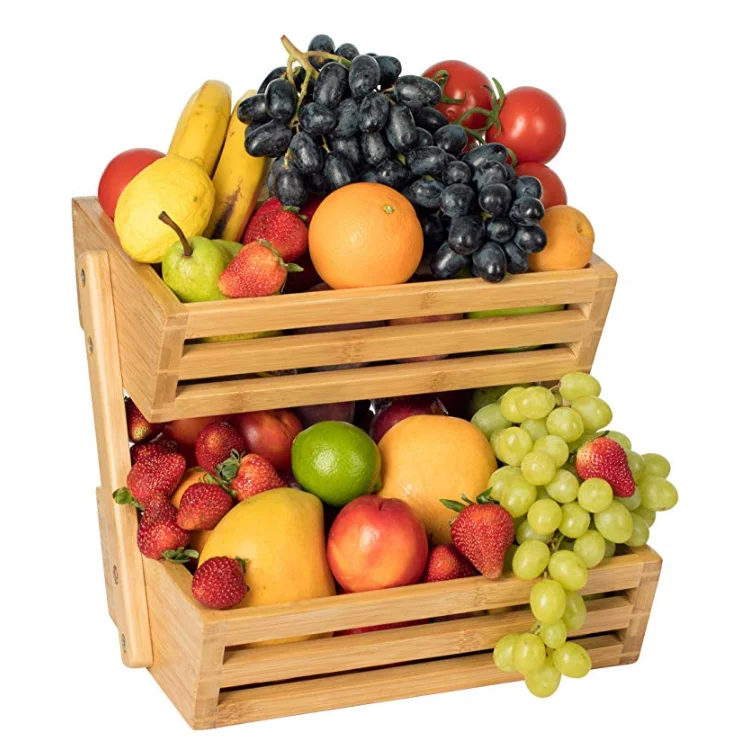 2-Tier Bamboo Fruit Basket,Countertop Basket Bowl Holder for Fruit Vegetables 