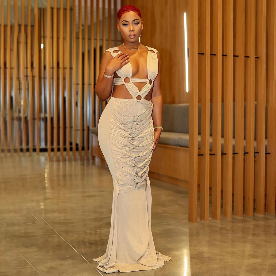 dresses for skinny ladies 2024 HO Robe Ruched Slim Dress Concise Sexy Cleavage Maxi Solid Elegant Women Casual Dresses BRX