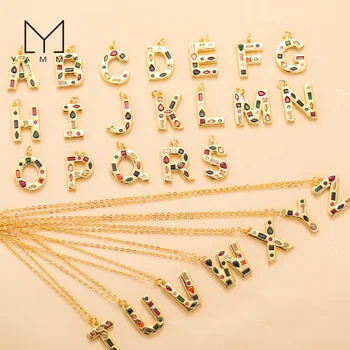 Gold Plating Initial Collections Letter Charm Necklace A To Z Alphabet Copper Colorful Crystal Zircon Pendant Necklace