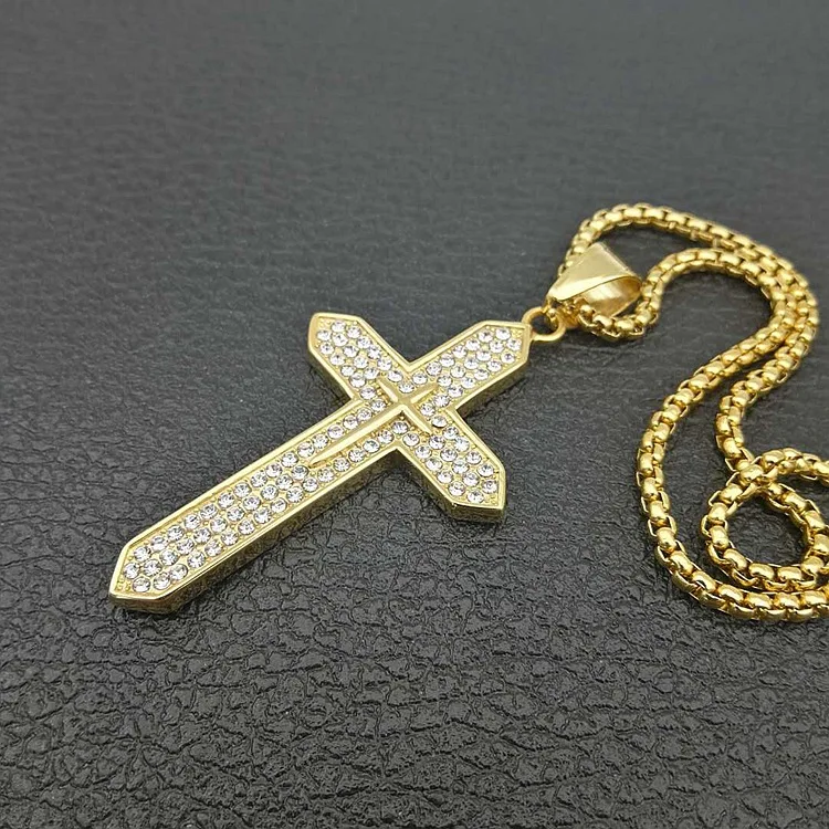 High Quality Cut Design Hip Hop Gold Plated Stainless Steel Rhinestone Crystal Stone Jesus Cross Pendant Necklace Women Men