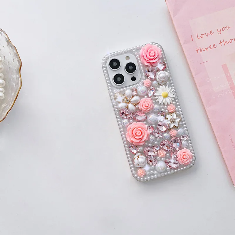 Clear Tpu Pc 3D Epoxy Daisy Flower Resin DIY Mobile Phone case with Pearls for iPhone 16 Pro 15 Decoration Cellphone Accessory