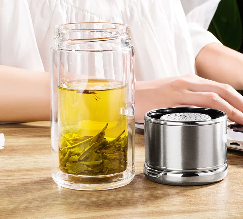 新款高品质双壁高硼硅玻璃水茶瓶,旅行汽车便携式茶