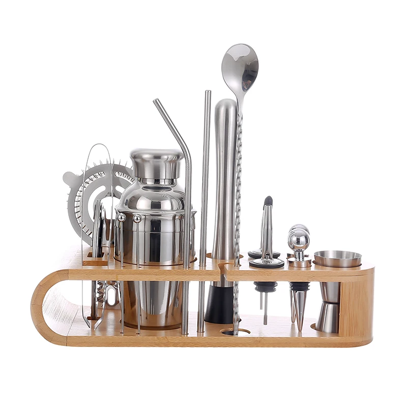 Professional Bar Tools Customized Stainless Steel Cocktail Shaker Mixing Barware Set with Wood Stand