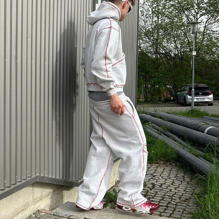 Men Contrast Stitching Italy Friend Design Your Own Custom Tracksuit Set Contrast Stitch Oversized 600gsm Sweatsuit Tracksuit