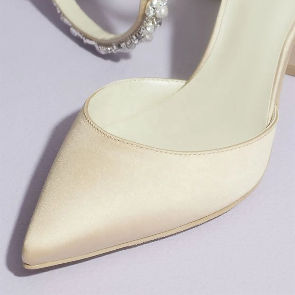 Elegant Bride Ankle Strap Pointed Toe Block Chunky Heel Wedding Shoes Party Women High Heels